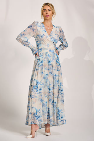 Long Sleeve V Neck Mesh Maxi Dress, Cream Floral