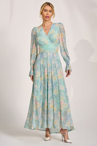 Long Sleeve V Neck Mesh Maxi Dress, Green Abstract