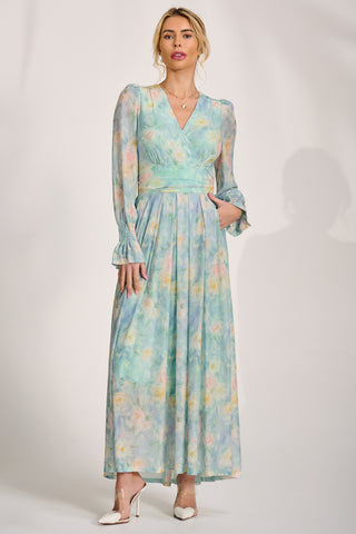 Long Sleeve V Neck Mesh Maxi Dress, Green Abstract