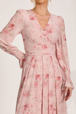 Long Sleeve V Neck Mesh Maxi Dress, Pink Floral