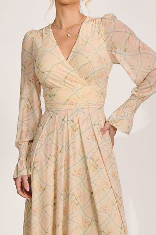 Long Sleeve V Neck Mesh Maxi Dress, Yellow Abstract