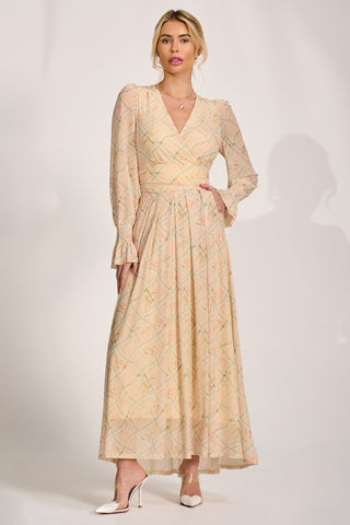 Long Sleeve V Neck Mesh Maxi Dress, Yellow Abstract