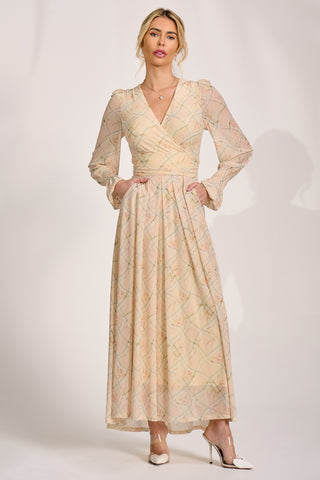 Long Sleeve V Neck Mesh Maxi Dress, Yellow Abstract
