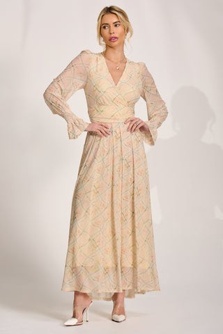 Long Sleeve V Neck Mesh Maxi Dress, Yellow Abstract
