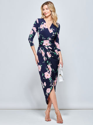 Long Sleeve Wrap Front Bodycon Dress, Floral Multi