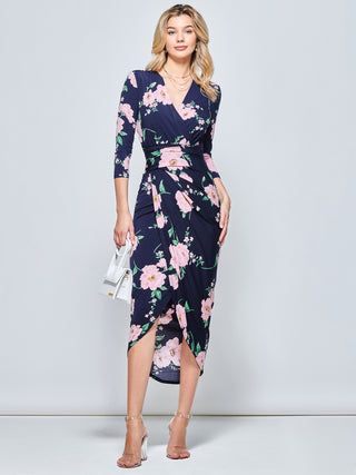 Long Sleeve Wrap Front Bodycon Dress, Floral Multi