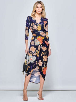 Long Sleeve Wrap Front Bodycon Dress, Navy Orange Floral
