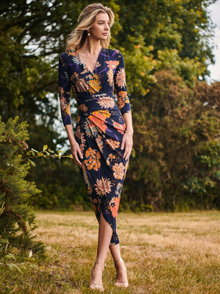 Long Sleeve Wrap Front Bodycon Dress, Navy Orange Floral