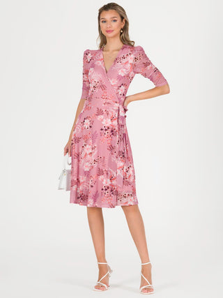 Elodea Mesh Ruched Sleeve Wrap Dress, Pink Floral