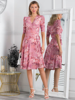 Elodea Mesh Ruched Sleeve Wrap Dress, Pink Floral – Jolie Moi Retail