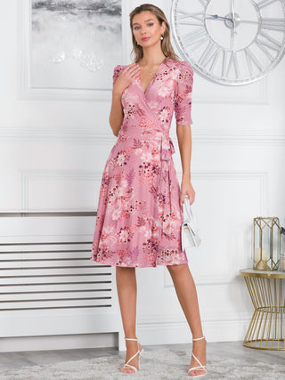 Elodea Mesh Ruched Sleeve Wrap Dress, Pink Floral – Jolie Moi Retail