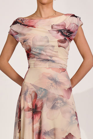 Asymmetrical Draped Mesh Maxi Dress, Beige Floral