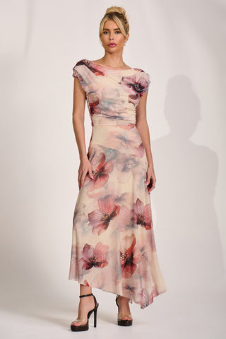 Asymmetrical Draped Mesh Maxi Dress, Beige Floral
