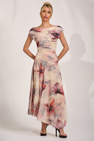 Asymmetrical Draped Mesh Maxi Dress, Beige Floral