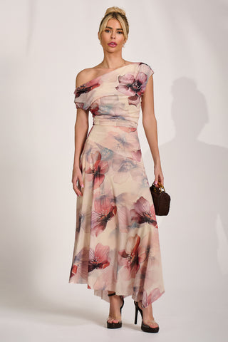 Asymmetrical Draped Mesh Maxi Dress, Beige Floral
