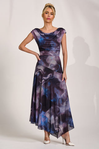 Asymmetrical Draped Mesh Maxi Dress, Blue Abstract
