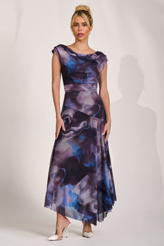 Asymmetrical Draped Mesh Maxi Dress, Blue Abstract