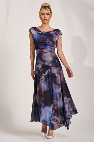 Asymmetrical Draped Mesh Maxi Dress, Blue Abstract