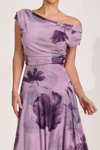 Asymmetrical Draped Mesh Maxi Dress, Purple Floral