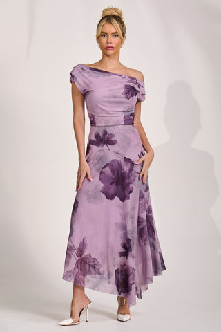 Asymmetrical Draped Mesh Maxi Dress, Purple Floral