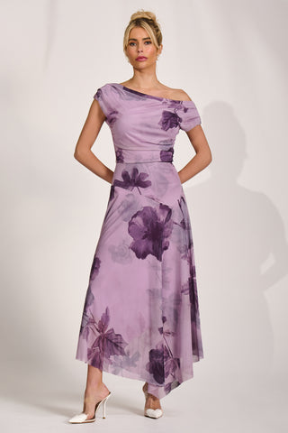 Asymmetrical Draped Mesh Maxi Dress, Purple Floral