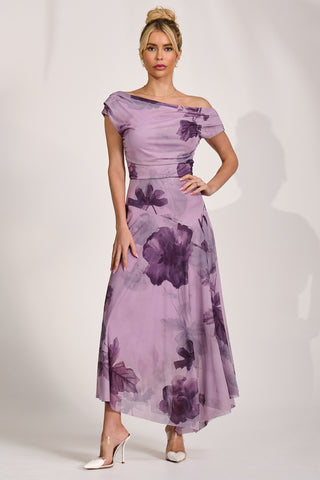 Asymmetrical Draped Mesh Maxi Dress, Purple Floral