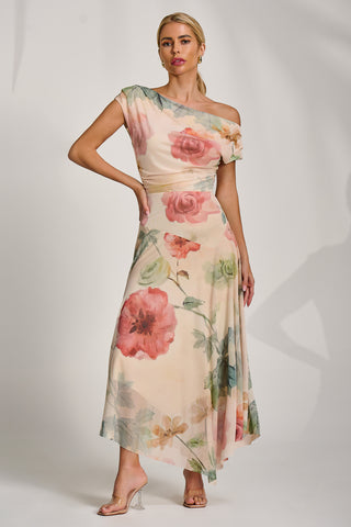 Asymmetrical Draped Mesh Maxi Dress, Yellow Floral