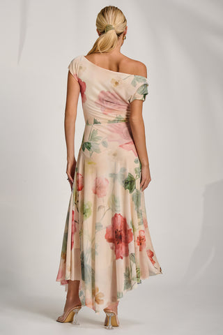 Asymmetrical Draped Mesh Maxi Dress, Yellow Floral