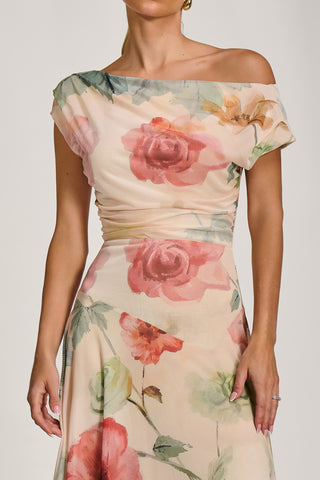 Asymmetrical Draped Mesh Maxi Dress, Yellow Floral