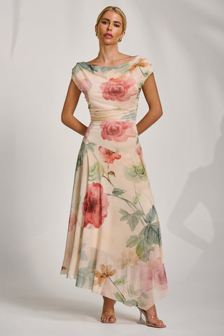 Asymmetrical Draped Mesh Maxi Dress, Yellow Floral