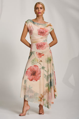 Asymmetrical Draped Mesh Maxi Dress, Yellow Floral
