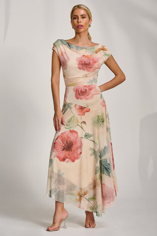 Asymmetrical Draped Mesh Maxi Dress, Yellow Floral
