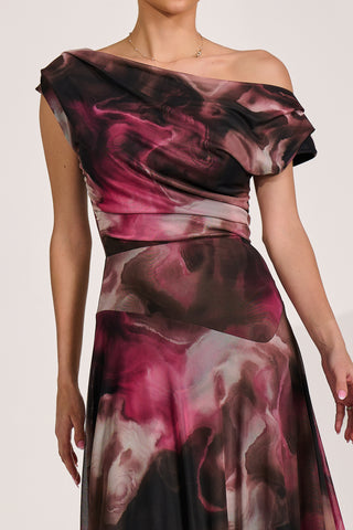 Asymmetrical Draped Mesh Maxi Dress, Pink Abstract