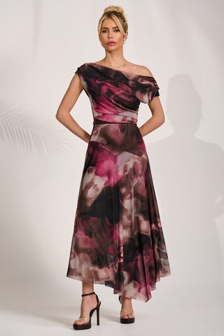 Asymmetrical Draped Mesh Maxi Dress, Pink Abstract