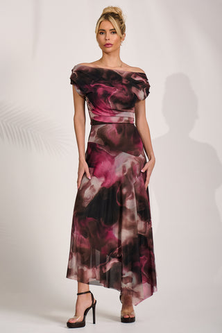 Asymmetrical Draped Mesh Maxi Dress, Pink Abstract