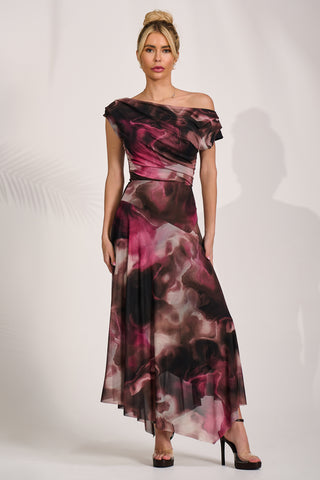 Asymmetrical Draped Mesh Maxi Dress, Pink Abstract