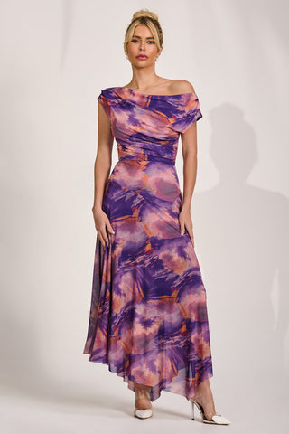 Asymmetrical Draped Mesh Maxi Dress, Purple Multi