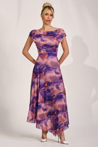 Asymmetrical Draped Mesh Maxi Dress, Purple Multi