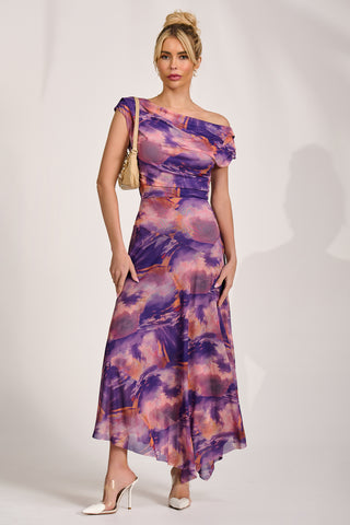 Asymmetrical Draped Mesh Maxi Dress, Purple Multi