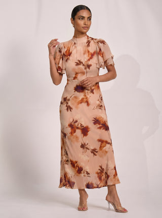 High Neck Angel Sleeve Chiffon Maxi Dress, Brown Floral
