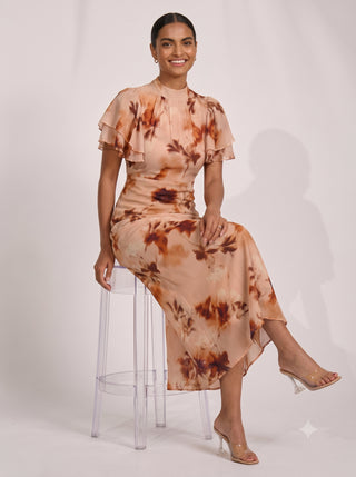 High Neck Angel Sleeve Chiffon Maxi Dress, Brown Floral
