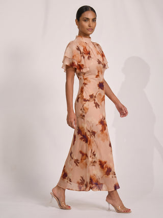 High Neck Angel Sleeve Chiffon Maxi Dress, Brown Floral