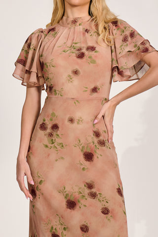 High Neck Angel Sleeve Chiffon Maxi Dress, Coral Floral