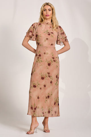 High Neck Angel Sleeve Chiffon Maxi Dress, Coral Floral