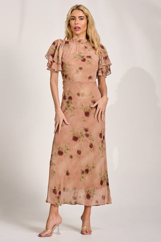 High Neck Angel Sleeve Chiffon Maxi Dress, Coral Floral