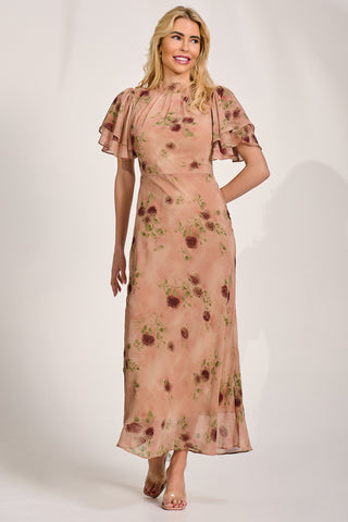High Neck Angel Sleeve Chiffon Maxi Dress, Coral Floral