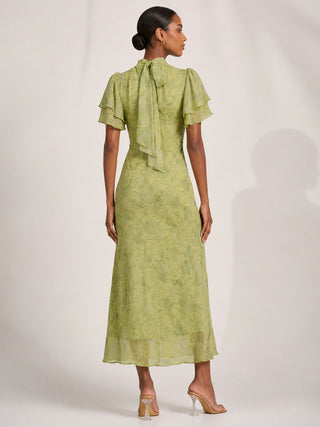 High Neck Angel Sleeve Chiffon Maxi Dress, Green Abstract