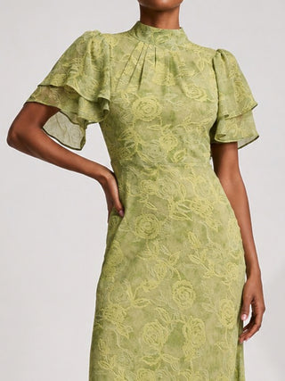 High Neck Angel Sleeve Chiffon Maxi Dress, Green Abstract