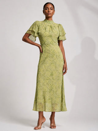 High Neck Angel Sleeve Chiffon Maxi Dress, Green Abstract