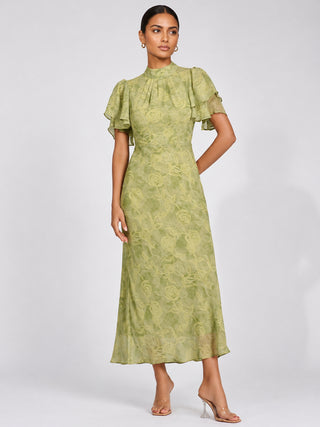 High Neck Angel Sleeve Chiffon Maxi Dress, Green Abstract